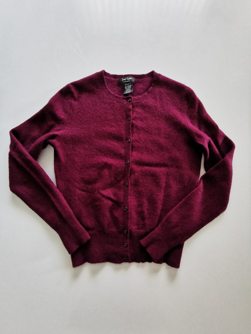 100% Cashmere Lord & Taylor Wine Button-Front Crewneck Long Sleeve Cardigan